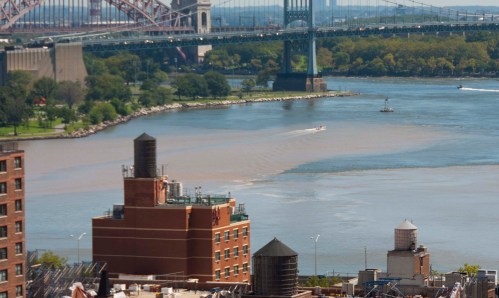 Boat wake cuts through the brown layer into blue water underneath